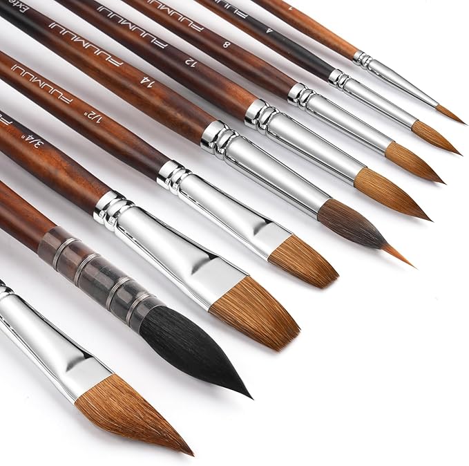 Watercolor Brushes Professional, Fuumuui 9pcs Sable Paint Brushes & Natural Squirrel Mop Brush Set with Extended Needle, Round Point, Flat, Dagger, Quill Wash for Watercolor Gouache Inks