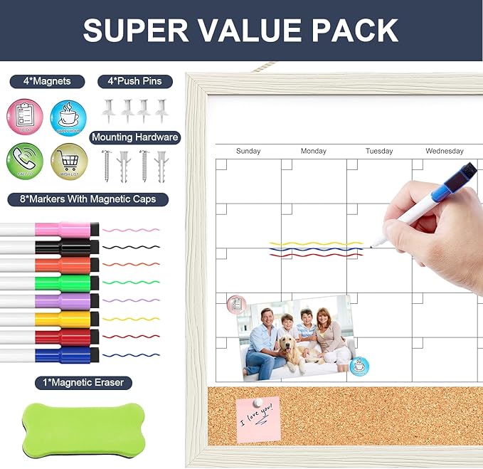 Calendar Whiteboard for Wall, 18x24 Inches Whiteboard Calendar Cork Board Combo, Magnetic White Board Monthly Calendar with Wood Framed, Hanging Dry Erase Board for Kitchen Home Office Planner
