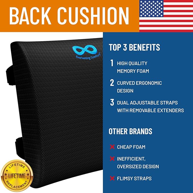Everlasting Comfort Lumbar Support Pillow for Office Chair - Memory Foam Back Cushion for Chair, Car, Couch - Lumbar Pillow Promotes Better Posture, Back Pain Relief - Ideal for Gaming and Desk Chairs