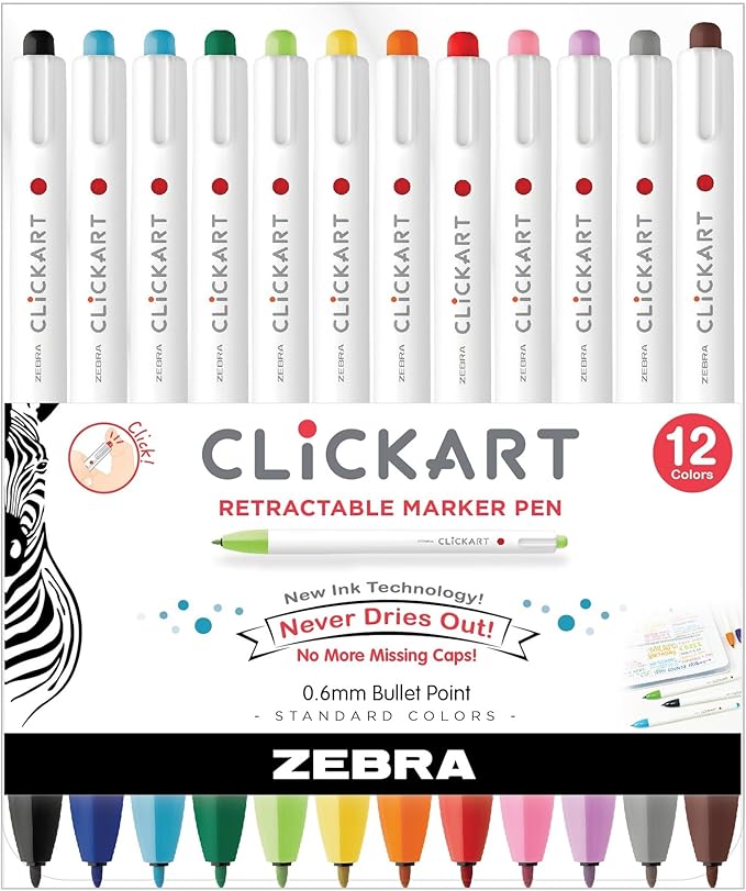 Zebra Pen Click Art Retractable Marker Pen, Fine Point, 0.6mm, Assorted Colors, 12 Pack