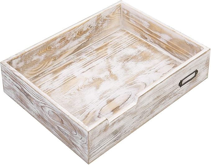 MyGift Rustic White Desktop Letter Tray - Shabby Whitewashed Wood Inbox Holder, Desk Paper File Folder Organizer Box with Metal Label