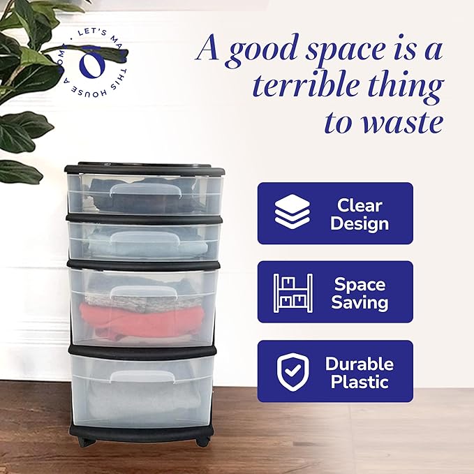 Homz Plastic 4 Clear Drawer Medium Home Organization Storage Container Tower with 2 Large Drawers and 2 Small Drawers, Black Frame (2 Pack)