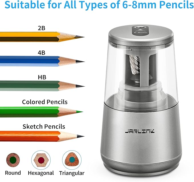 JARLINK Electric Pencil Sharpener, Heavy-Duty Helical Blade to Fast Sharpen, Auto Stop for No.2/Colored Pencils(6-8mm), USB/Battery Operated in School Classroom/Office/Home (Gray)