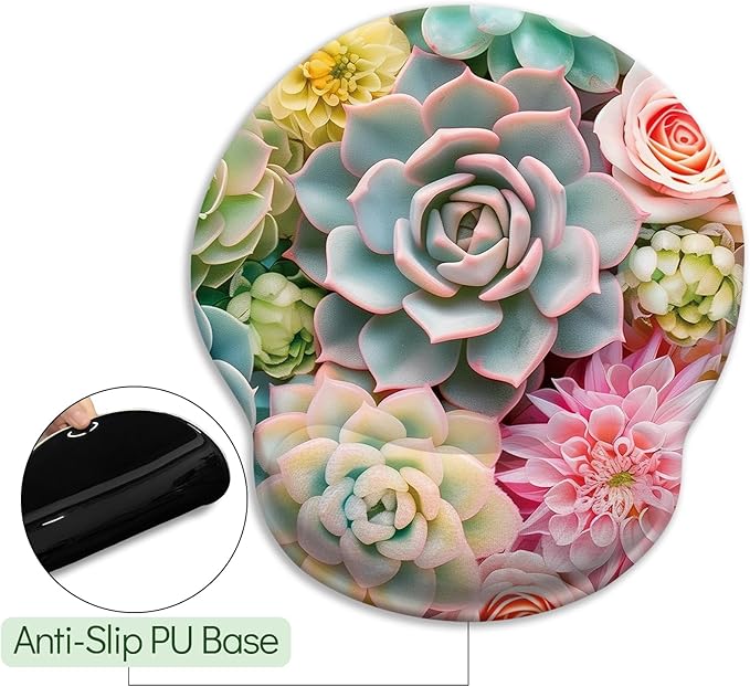 Succulents Ergonomic Mouse Pad with Wrist Rest, Gaming Mouse Pad with Wrist Support, Funny Computer Mousepad with Non-Slip Pain Relief PU Base, Cute Office Desk Accessories Decor Supplies
