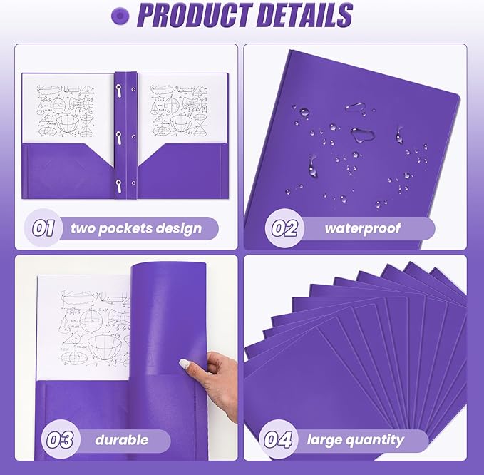 Yeaqee 30 Pcs Plastic Folders with Pockets and Prong Plastic Folders with 2 Pockets Pocket for Office, School for Students, Teachers, Office Workers (Purple)