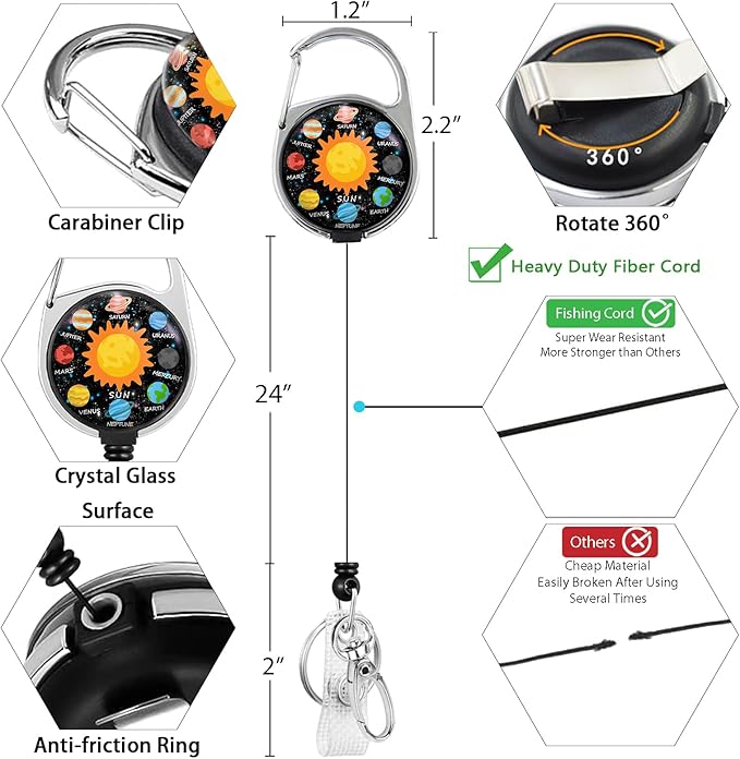 Giancomics Space Planet Sun Lanyards for Id Badges, ID Badge Holder with Lanyard Badge Reel Retractable, Galaxy Lanyard with ID Holder Keychain Clip Name Tag ID Card Holder for Women Men Work Office
