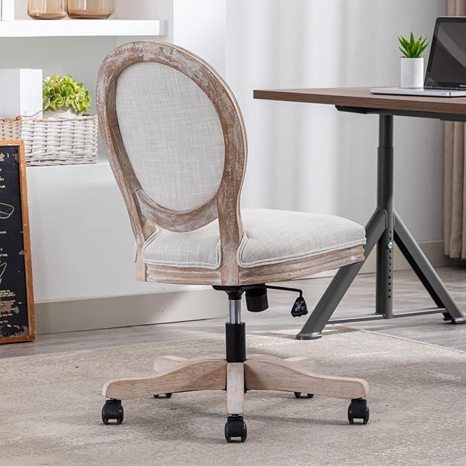 LukeAlon Vintage Linen Office Chair, Adjustable Height Swivel Task Chair with Wood Frame Armless Desk Chair with Wheels Upholstered Round Back Vanity Chair for Home Office Study Room, Beige