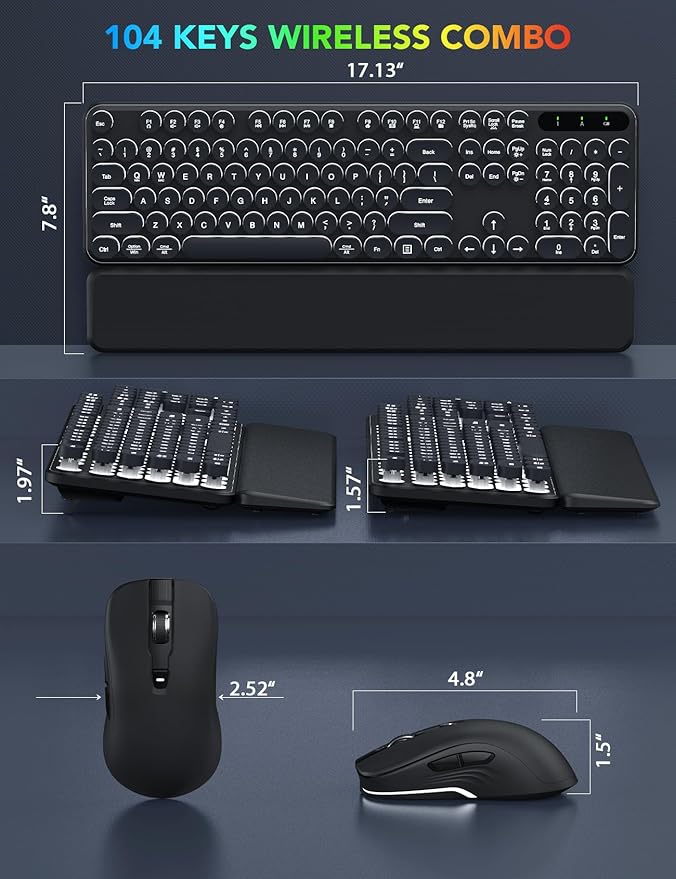 Wireless Keyboard and Mouse Backlit - Typewriter Keyboard with Detachable Wrist Rest, Retro Round Keycaps, Light Up Letters, 2.4G Cordless Combo for Mac, Windows, PC, Laptop, Trueque [2024 Upgraded]