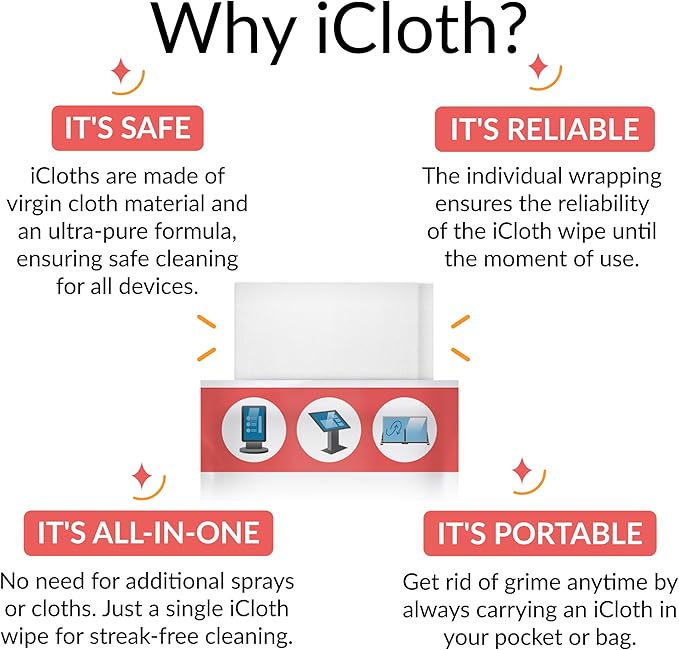 iCloth XL Screen Cleaning Wipes, Lint-Free and Streak-Free, Fast-Drying, Removes Dust, Fingerprints, and Smudges (100 XL Wipes)