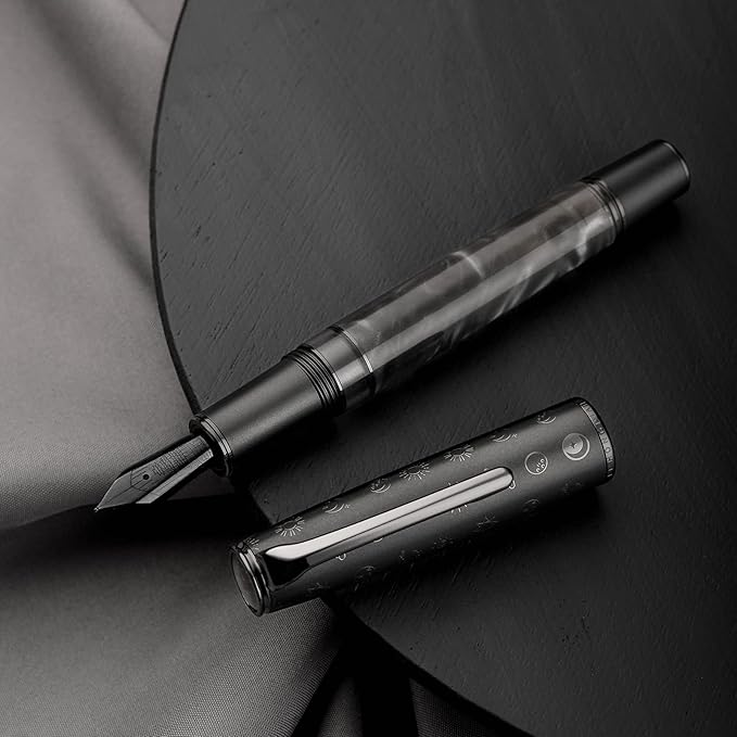 Hongdian N7 Gray Resin Piston Fountain Pen, Iridium Extra Fine Nib Classic Pen Rabbot on Cap Top, Smooth Writing Pen with Metal Box