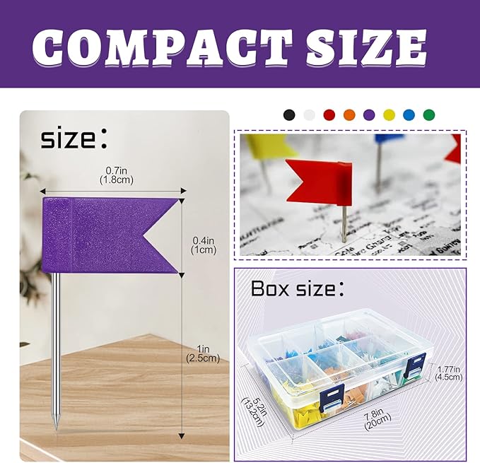 Colored Flag Travel Map Push Pins, 400 Pack Multicolored Decorative Map Tacks Assorted 8 Colors, Plastic Head for Cork Bulletin Board, Picture Hanging at Home Office School