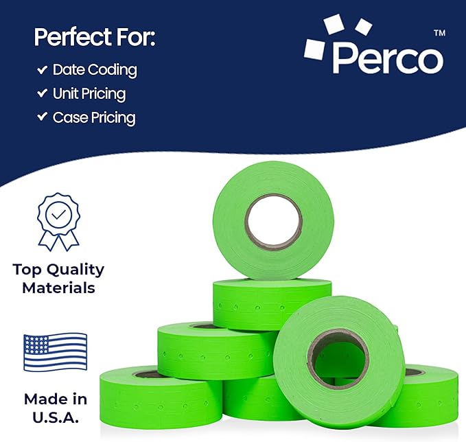 Perco 1 Line Fluorescent Green Labels - 8 Rolls, 1 Sleeve, 8,000 Blank Price and Date Gun Labels for Perco 1 Line Price and Date Guns - Made in USA