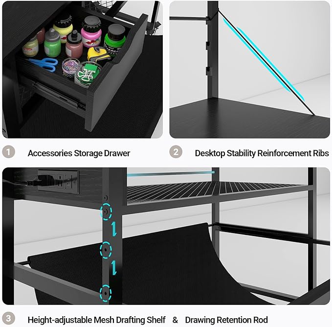 Natwind Wide Format Printer Stand, Plotter Workbench Table with Pull-Out Drafting Storage, Roll Paper Holder, Accessory Drawer, Adjustable Storage Shelf for Plotters and Cutting Machines (Black)