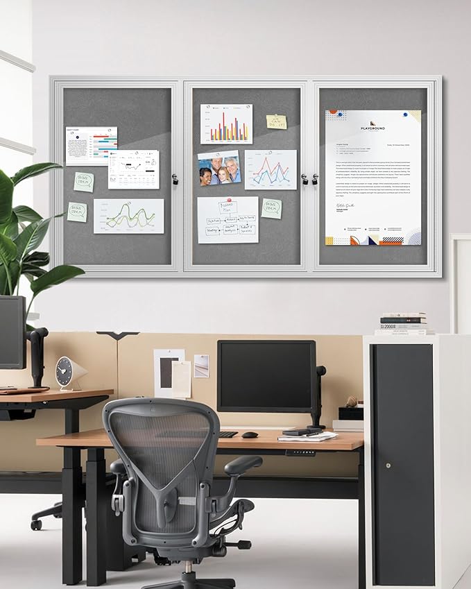 36"x72" Enclosed Bulletin Board, Outdoor Lockable Weather-Resistant Aluminum Cork Noticeboard for School & Office, Silver Frame w/Grey Flet