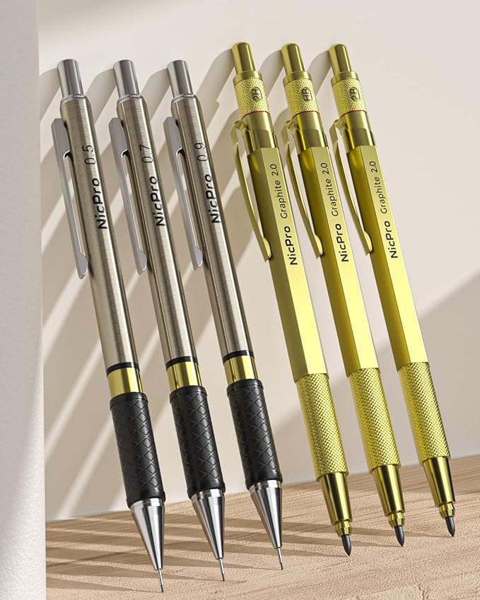 Nicpro 30PCS Art Mechanical Pencils Set in Leather Case, Gold Metal Drafting Pencil 0.5, 0.7, 0.9 mm, 2mm Lead Pencil Holder for Sketching Drawing With 16 Tube (6b 4B 2B HB 2H 4H Colors) Lead Refill