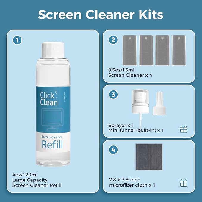Click Clean Screen Cleaner Kits - 4 All-in-One Mist Cleaner with 4 oz Refill, 1 Microfiber Cloth(7.8 x 7.8in), 1 Mini Funnel, and 1 Sprayer - for All Phones, Laptop and Tablet Screens