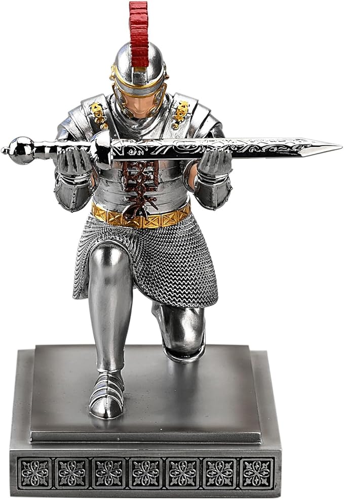 Roman Praetorian Warrior Knight Pen Holder Desk Ornament Resin Pencil Holder Desk Accessories and Organizer for Office with a Letter Opener (Silver)