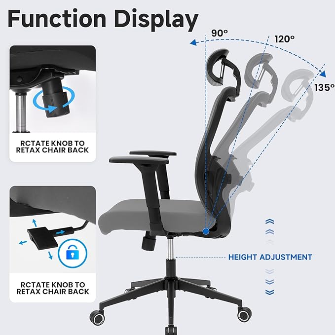 Ergonomic Desk Office Chair, High Back Home Computer Chair with Adjustable Swivel 3D Armrests for Comfort Lumbar Supports Up to 400lbs (Grey)