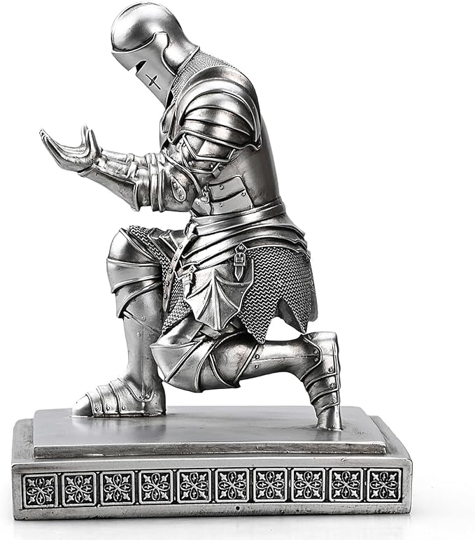 Medieval Armored Warrior Knight Pen Holder Desk Organizers and Accessories Resin Pencil Holder Paperweight as Gift with a Cool Letter Opener for Desk (Silver)