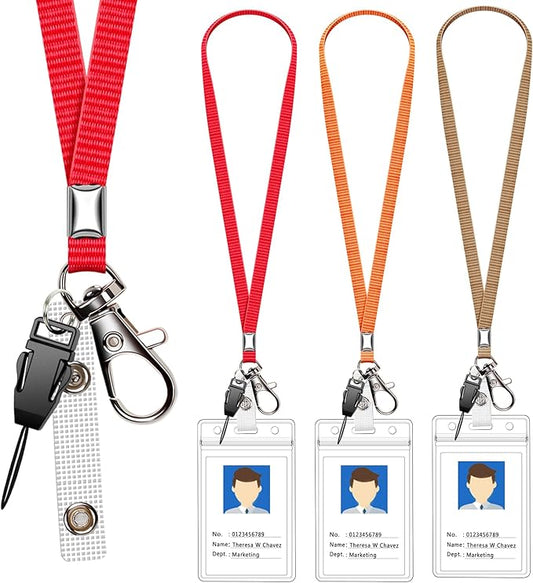 3 Pack Neck Lanyard with ID Badge Holder, Office Strap Lanyards, Stainless Metal Swivel Hook for Name Tag, Badge Holders, Keychains, Card, Red, Orange, Brown