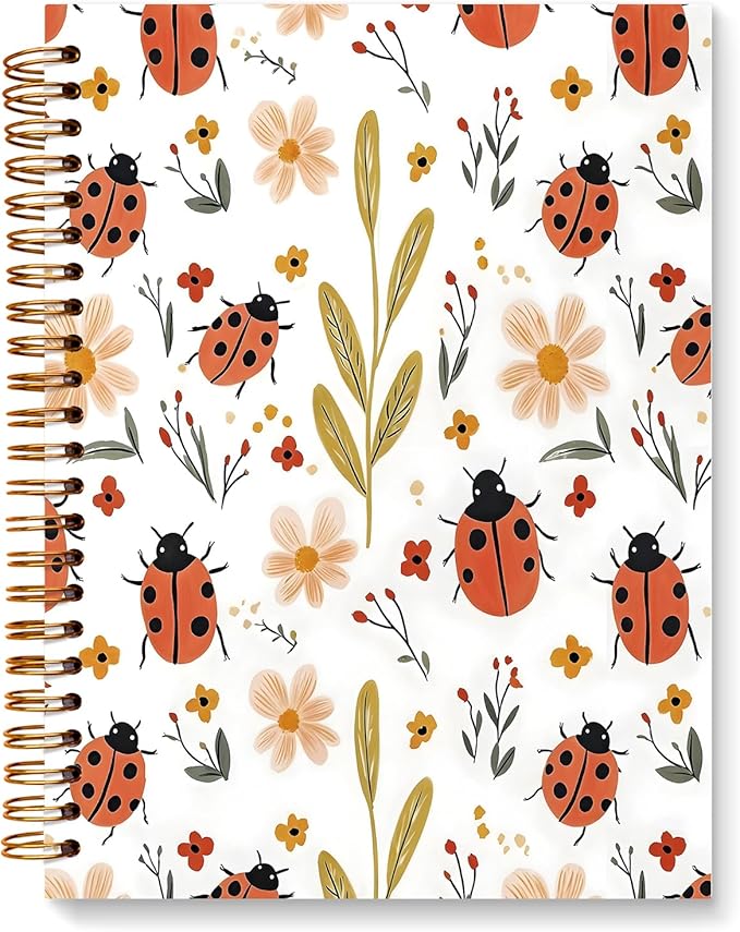 JXREQ Cute Ladybug Floral Notebook Insects Botanical Journal Gifts for Women Note Taking Writing Study, Office School Supplise, Aesthetic Spiral Notebooks 5.5x8.3