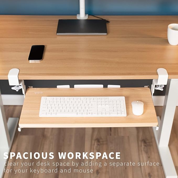 VIVO Large Height Adjustable Under Desk Keyboard Tray, C-clamp Mount System, 27 (33 Including Clamps) x 11 inch Slide-Out Platform Computer Drawer for Typing, Light Wood, MOUNT-KB05HA
