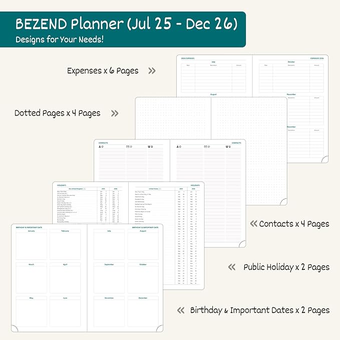 BEZEND Weekly Planner 2025-2026 with 2 Columns, 5.8" x 8.5" Academic Calendar 18 Months (Jul 25-Dec 26) Life Work Appointment Book with Monthly Tab, PU Leather Hardcover - Black