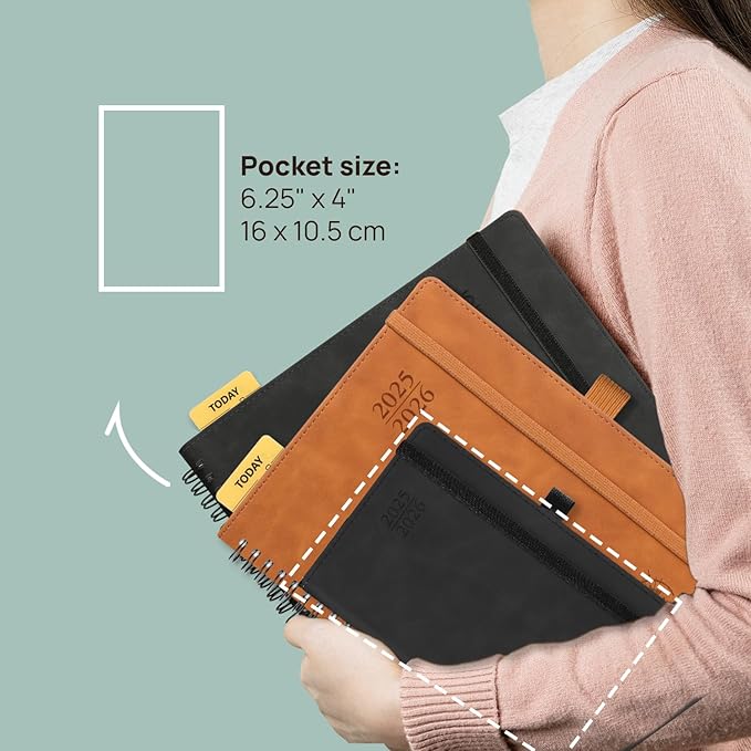 POPRUN Planner 2025-2026 Weekly Notebook for Purse(Pocket Size 4''x 6.25'') Small Academic Calendar (JUL.25 - JUN.26) with Monthly Tabs, Leather Soft Cover, Inner Pocket, 100 GSM - Pink