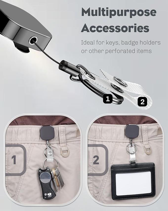 Uniclife 2 Pack Metal Retractable Keychain Heavy Duty Retractable Badge Reel for Badge Holder All Metal Casing with Stainless Steel Spring Coil 23.6 Inch Nylon Rope Belt Clip and Key Ring