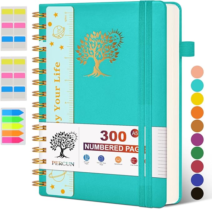 Spiral Notebook Journal for Women Men, 300 Numbered Lined Pages, College Ruled, A5 Hardcover Spiral Bound Notebook for School, Work, Note Taking Writing, Leather Spiral Journal Medium 5.9"x8.5"