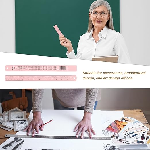HARFINGTON 4pcs Metal Straight Ruler 30cm Metric SAE Aluminum Alloy Measuring Rulers Scale Tool with Hole for Measure Study Reading Classroom Office, Pink