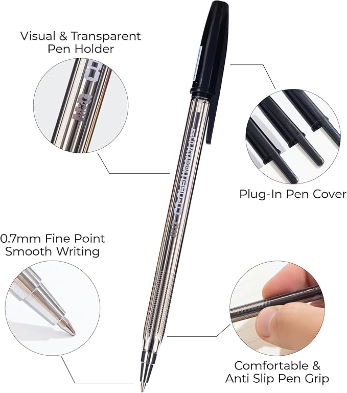 M&G Ballpoint Pens, Black Ink Ballpoint Pens Fine Point 0.7mm, Ball Point Pens Bulk Smooth Writing with Anti-Slip Grip & Plug-In Cover for Journaling Office Supplies School Women Men (40 Pack)