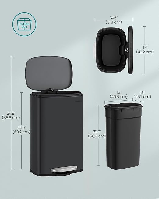 SONGMICS 13 Gallon (50 L) Trash Can, Stainless Steel Kitchen Garbage Can, Recycling or Waste Bin, Soft Close, Step-On Pedal, Removable Inner Bucket, Black ULTB050B01