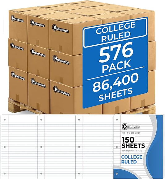 576 Pack (Pallet) Loose Leaf Paper Bulk, 86400 Sheets, College Ruled, 150 Sheets/Pack, 8 x 10.5", Pallet of Filler Paper, 3 Hole Punched, 56 Gsm Thick Paper, School & Office, 4-7 Days Transit