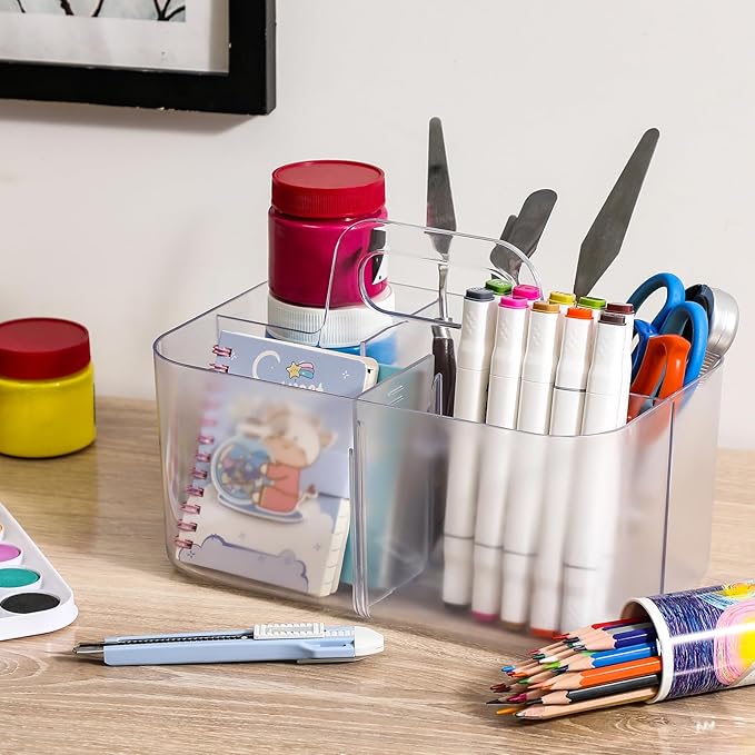 Multiuse Caddy Organizer with Handle - Stackable Plastic Bin - Divided Storage Tote Holder for Art Craft Supplies, Makeup, Bathroom, Shower, Cleaning, Kitchen, Office, Dorm, Desktop - Frosted Clear