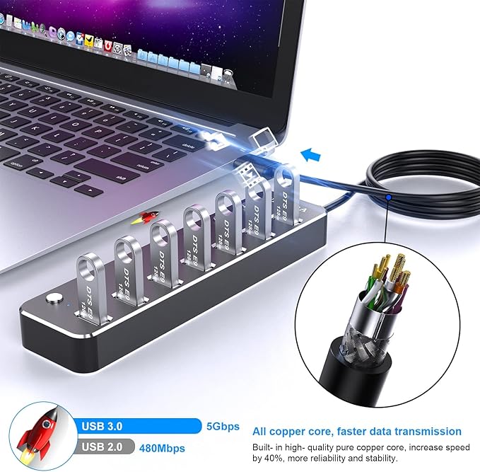 USB Hub, VKUSRA 7 Port USB Hub 3.0 with 4ft USB Long Cable, and Aluminum USB 3.0 Hub with Individual On/Off Switch and LED Indicator, USB Splitter for Laptop & PC, Power Adapter Not Included