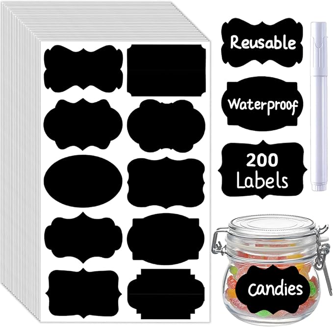 200 Pcs Chalkboard Labels,Reusable Labels with 1 Liquid Chalk Markers Removable Labels,Suitable for Mason Jars Storage Boxes Food Containers Storage Jars Kitchen Food Spice Storage(Black)