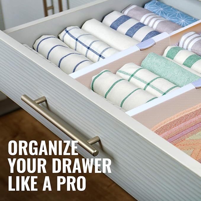 RAPTUROUS Adjustable Deep Drawer Divider – 5" Tall, Expandable 13-22", 4-Pack, Non-Slip Drawer Dividers for Clothes, Dresser, Kitchen & Office Organization (White)