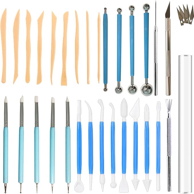 31pcs Polymer Clay Sculpting Tools Set, Air Dry Modeling Clay Roller Dotting Tool Kit Fondant Metal Cutters Silicone Embossing Pen Balls Stylus Rollin