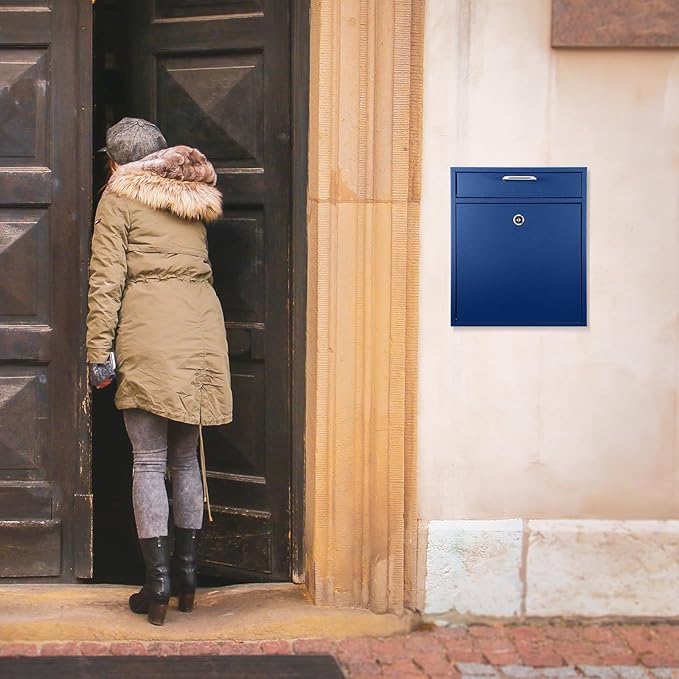 Locking Mailbox with Key for Outdoor 12 x 10.5 x 4.7 Inches Large Wall Mount Mail Box with Lock Security Mail Drop Metal Collection Boxes Hanging Secure Postbox(Dark Blue)