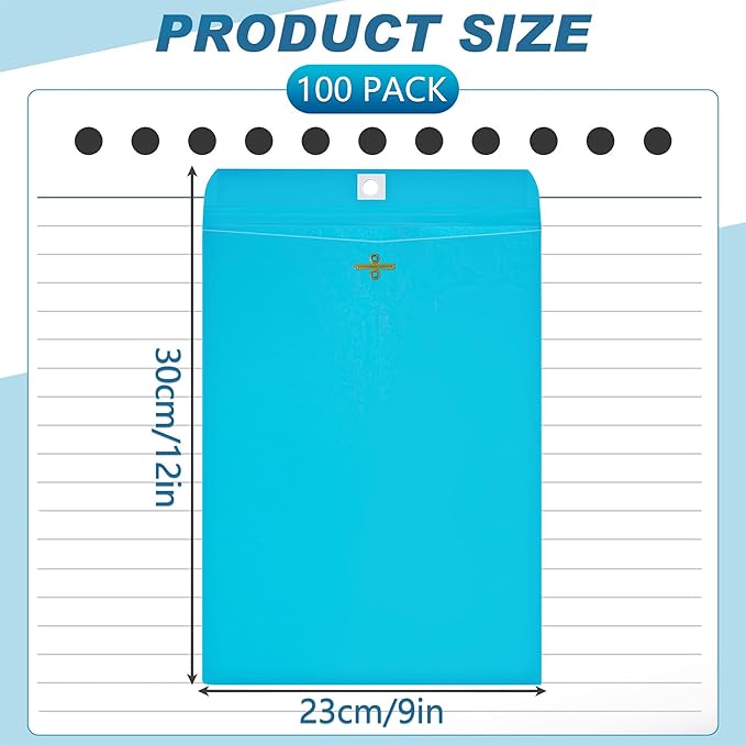 Geyee 100 Pcs Clasp Manilla Envelopes 9 x 12 Inch Gummed Colored Envelopes for Storing or Mailing for Home Office Business Supplies(Lake Blue)