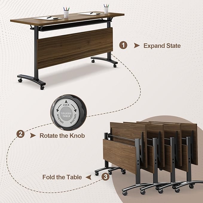 Folding Conference Room Table, Modern Conference Tables with Wheels, Large Rectangular Mobile Training Tables for Office Classroom, Foldable Modular Boardroom Seminar Table Walnut (10pack L70.9in)