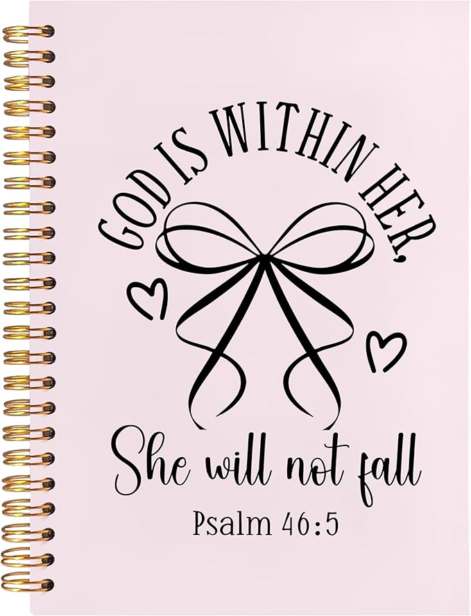 BearCake Pink Coquette Bow Christian Notebook Journal, God is Within Her She Will Not Fall Bible Journal for Women, Christian Religious Gifts for Woman, Hardcover Spiral Notebook 5.5x8.3
