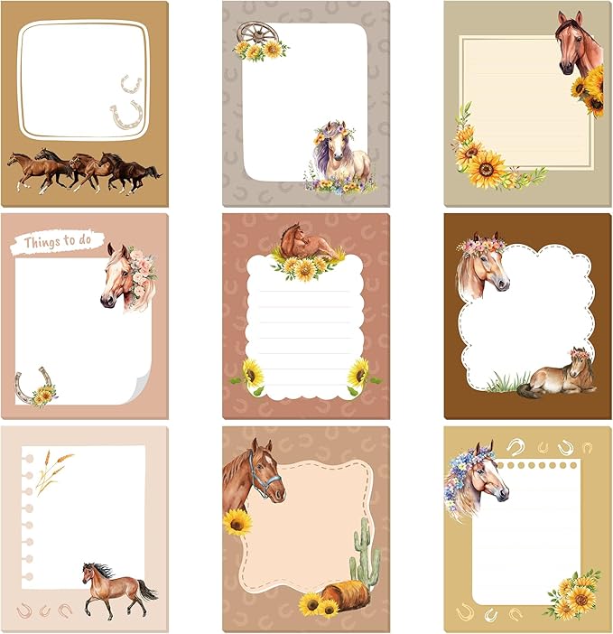 Sabary 9 Pads Sticky Notes 3.15 x 3.94 Inches Cute Self Sticky Note Pads Colored Adhesive Notepad for Memo Reminder Journal Studying Office Home Gift(Horse)