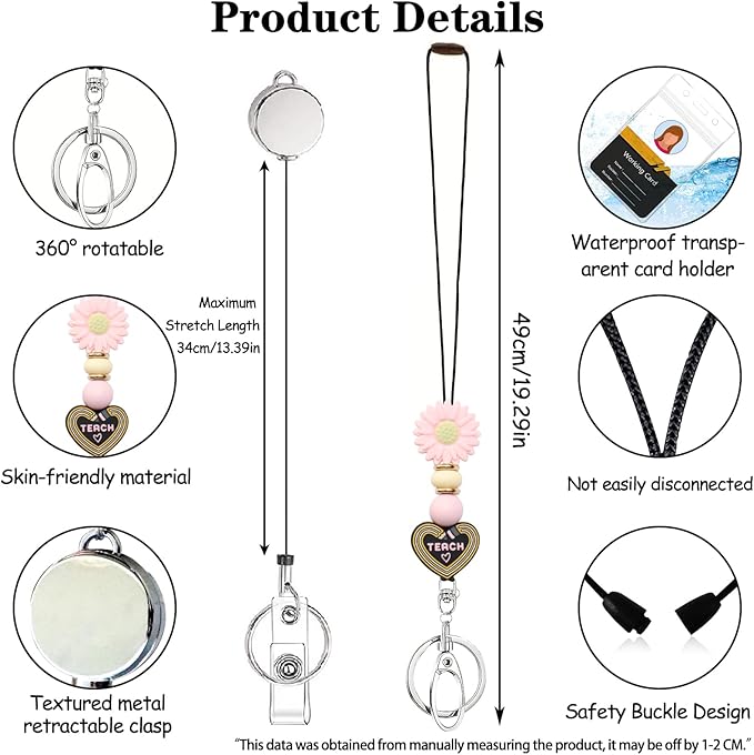 Colorful ID Badge Holder with Silicone Beads Lanyard Set,Cute Teacher Breakaway Lanyard for Keys & Keychain with Cute Retractable Badge Reel Holder,Gift for Women,Nurse, Teacher. (Y)