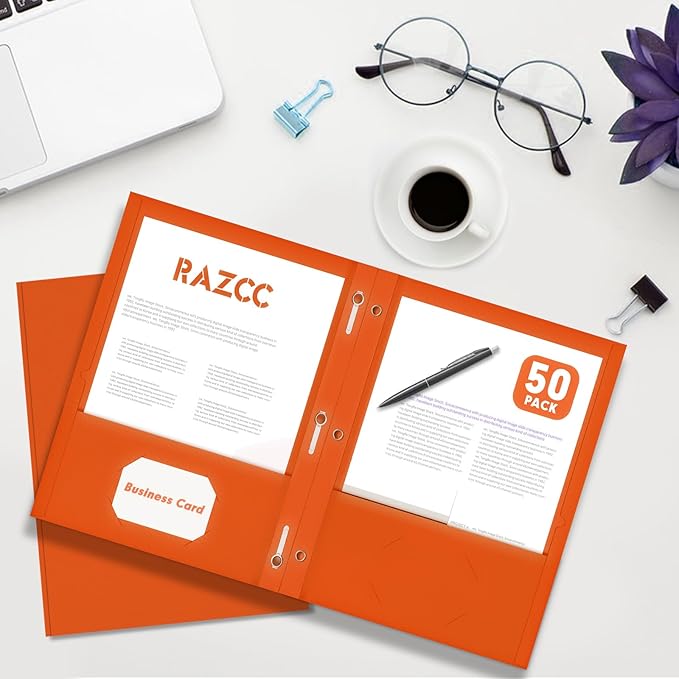 Two Pocket Folders, RAZCC 75 Pack Two Pocket Folders with Prongs, 3 Prong Folders Fit Letter Size Paper, Pocket File Folders for School Office Home Business, Orange