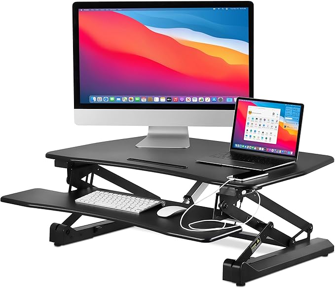 Mount-It! Electric Standing Desk Converter 35.4" x 23" Stand Up Desk Riser, Computer Workstations Motorized Desk Convertor, Sit to Stand with Built-in USB Port, Ergonomic Height Adjustable in Black