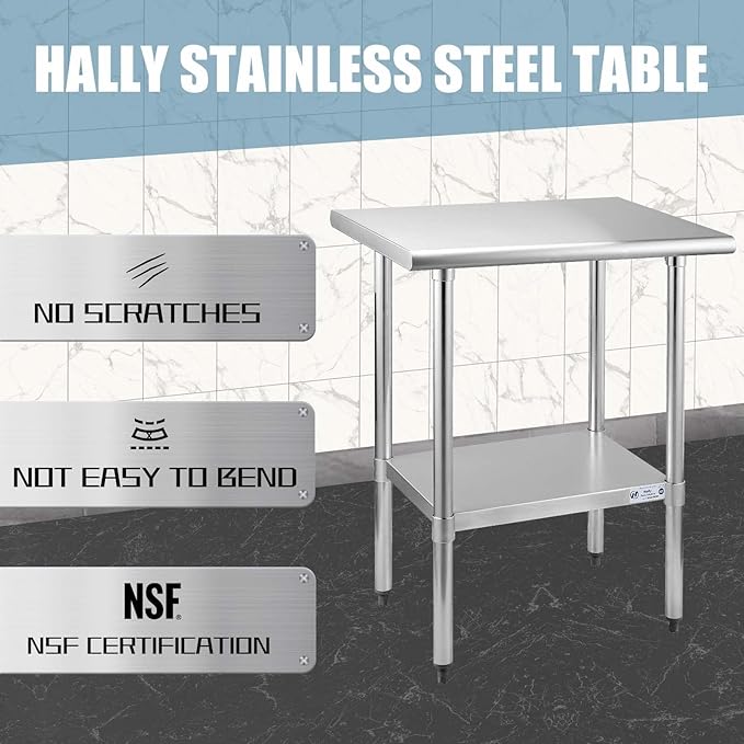 Hally Stainless Steel Table for Prep & Work 24 x 30 Inches, NSF Commercial Heavy Duty Table with Undershelf and Galvanized Legs for Restaurant, Home and Hotel
