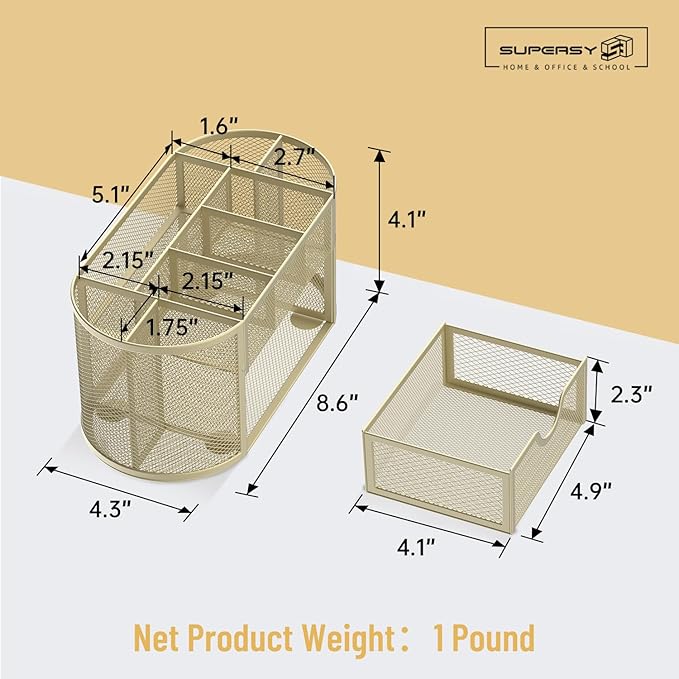 SUPEASY Mesh Desk Organizer, Desk Accessories & Workspace Organizers with Drawers, Pencil Holder for Desk with 9 Compartments for Office Suppliess, 8.6 x 4.3 x 4.1 Inch, Yellow