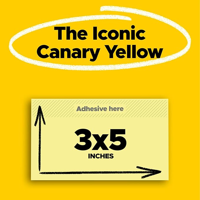 Post-it Super Sticky Notes, 12 Sticky Note Pads, 3 x 5 in., School Supplies, Office Products, Sticky Notes for Vertical Surfaces, Monitors, Walls and Windows, Canary Yellow